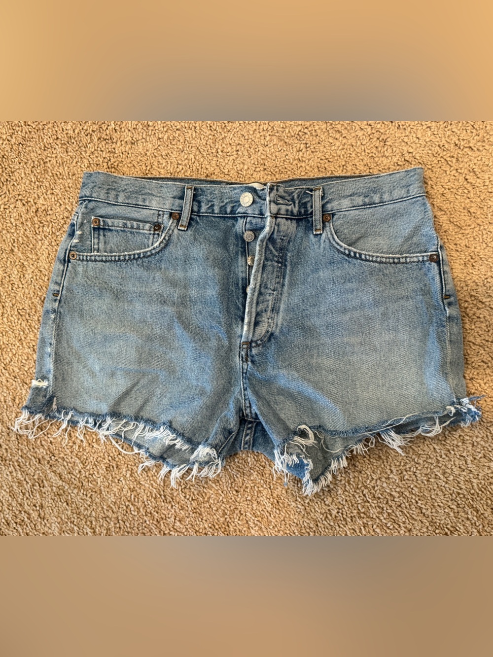 Agolde “parker” Light Blue High-Rise Frayed Hem Denim Shorts